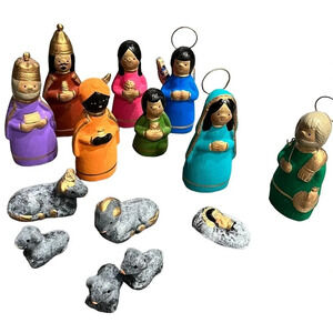 14 Piece Hand Painted Pottery Nativity Scene Mexico Hand Made